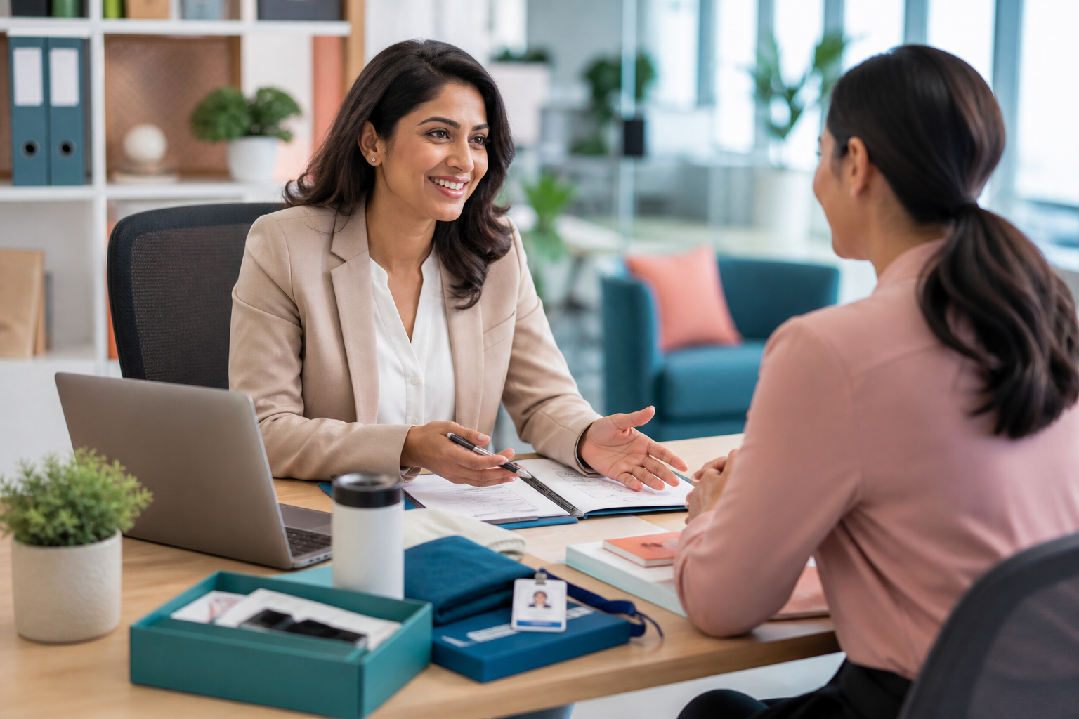 Modern HR service desk with employee onboarding materials