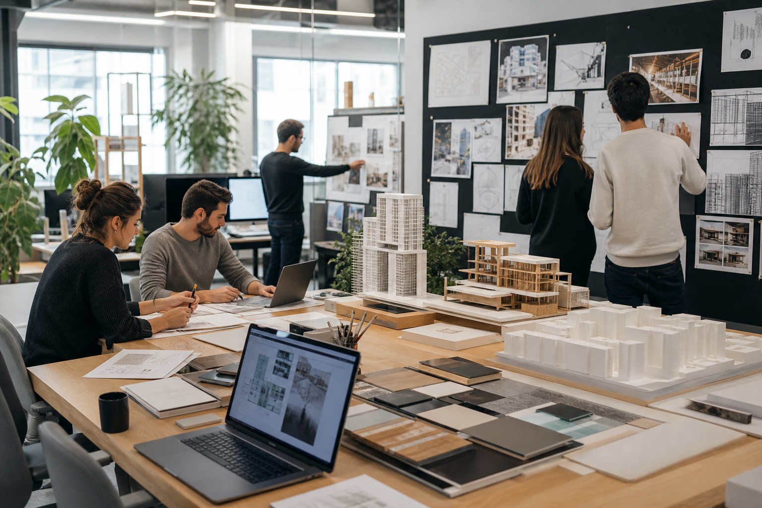 Architecture studio team collaborating around design models