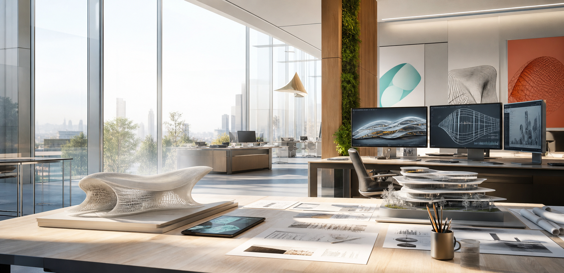 Contemporary architectural studio with parametric design displays